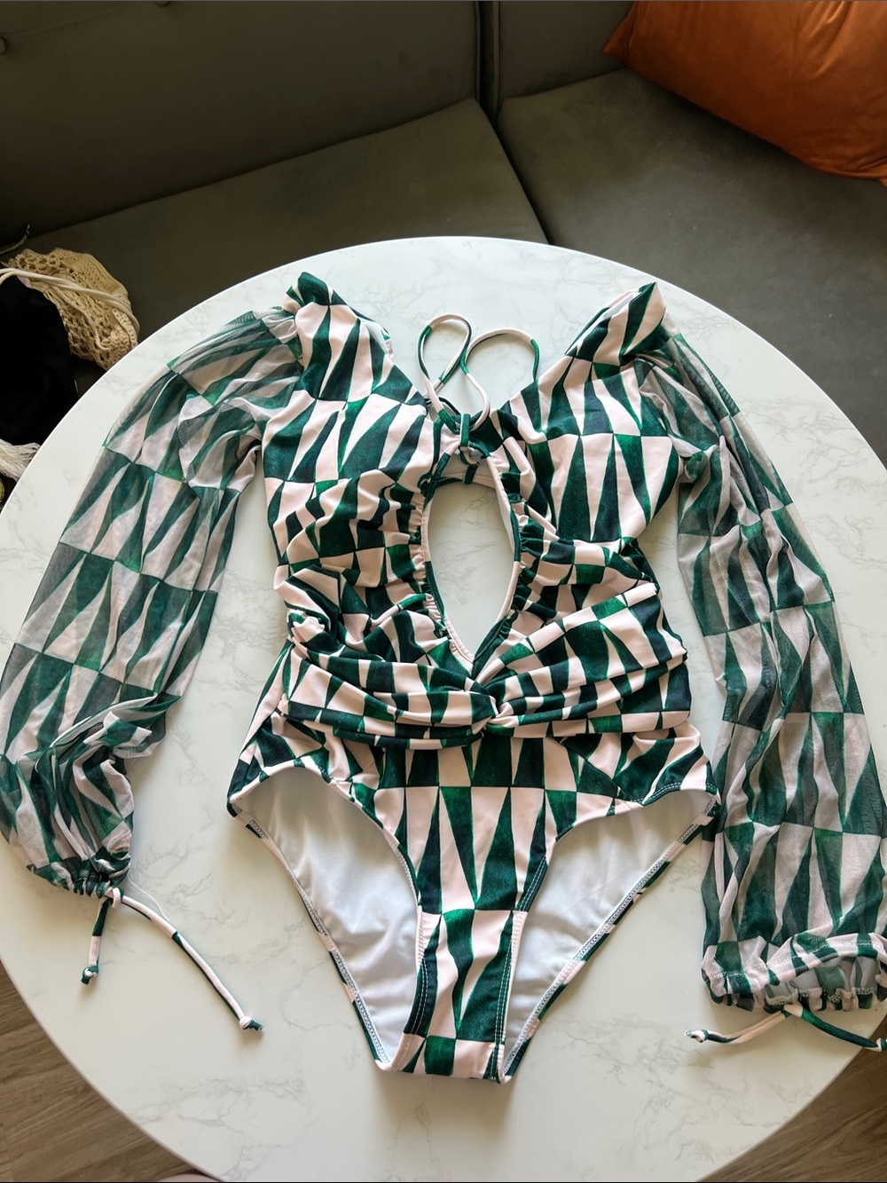 Geometric Green & White Cutout One-Piece Swimsuit